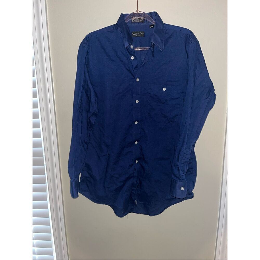 Vintage Christian Dior Navy Blue Cotton Blend Mens Shirt Large 16 (32-33) Epaule